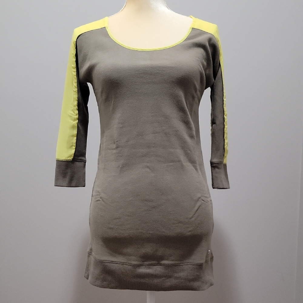 Victoria's Secret Fleece Tunic With Chiffon Sleeve Military Grey & Yellow Sz. XS